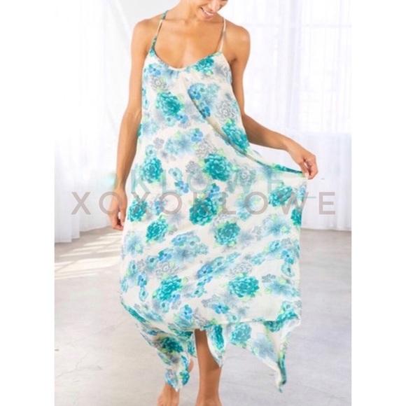 Blue & Green Vibrant Floral Print Maxi Dress Spaghetti Straps Uneven Hem - Picture 5 of 14